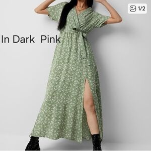 Twik NWOT Pink Burgundy Floral Wrap Maxi Short Sleeve Tie Waist Dress Simons S